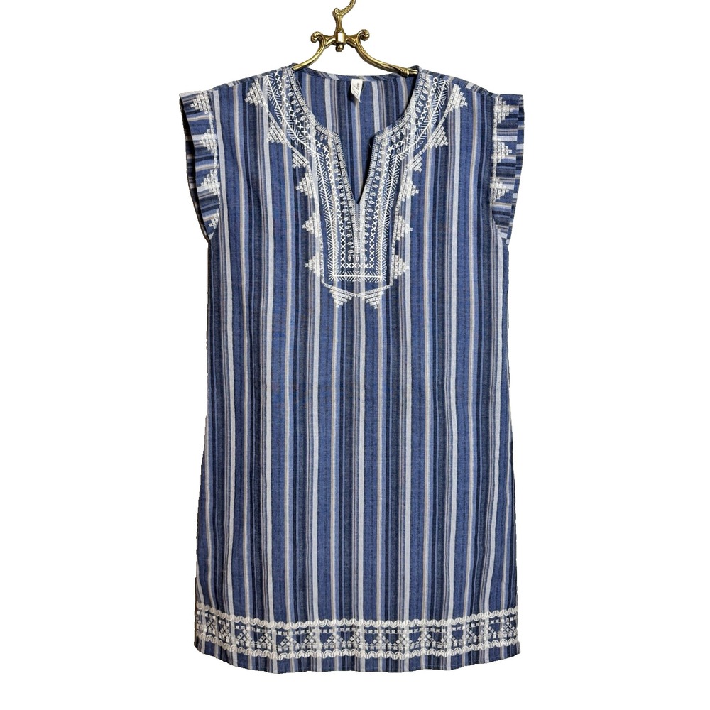 L Love Womens Size Small Navy/White Stripe Pocket Embroidered Chest Design Dress